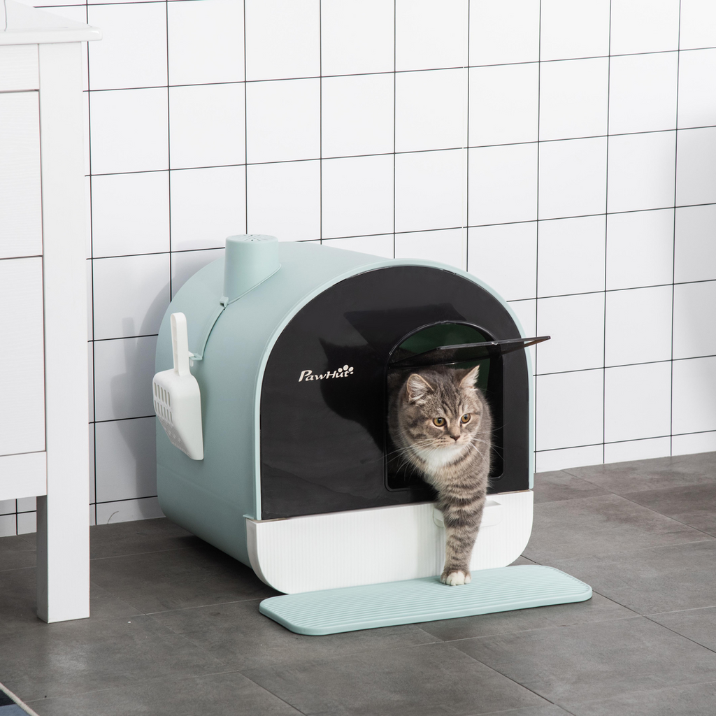 Hooded Cat Litter Tray Kitten Toilet W/ Scoop Filter Flap Door 43x44x47 cm Green