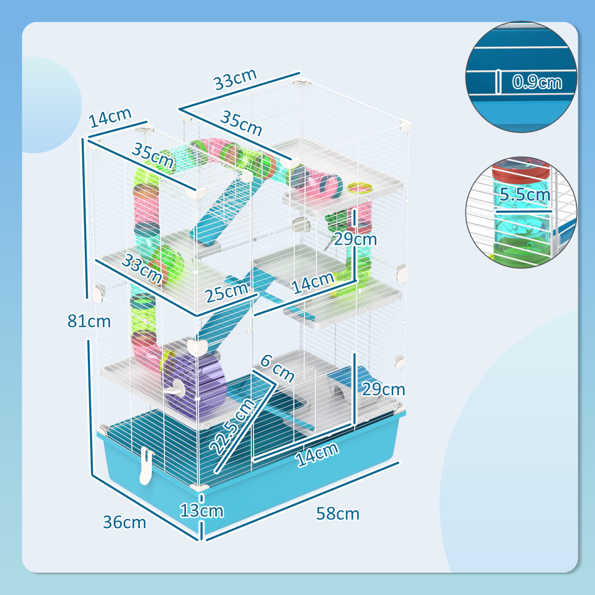 PawHut 6 Tier Hamster Cage with Twin Tower and Accessories, Light Blue