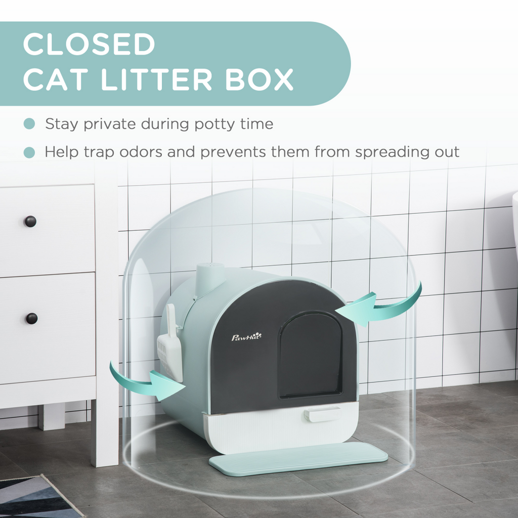 Hooded Cat Litter Tray Kitten Toilet W/ Scoop Filter Flap Door 43x44x47 cm Green