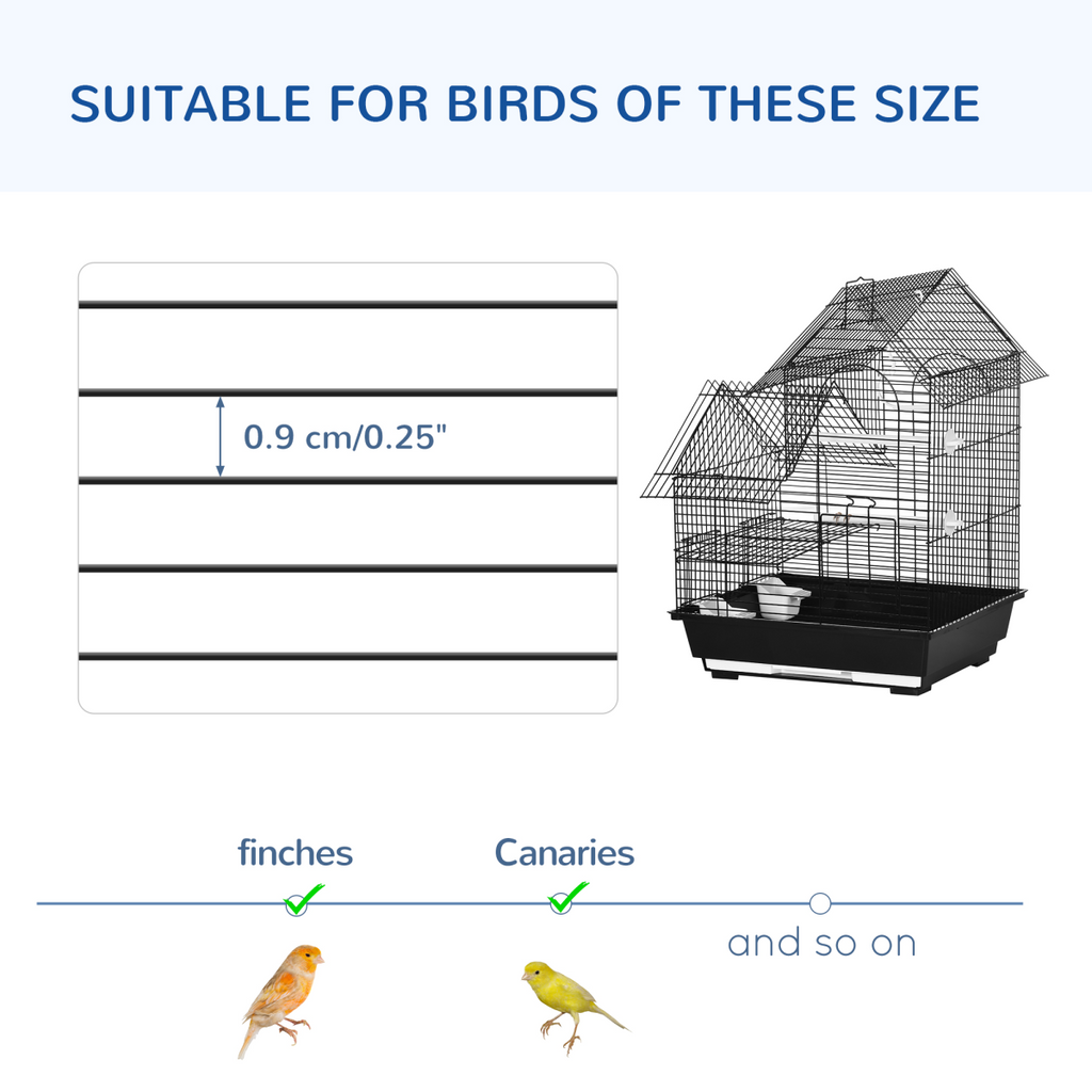 Metal Bird Cage w/ Plastic Perch, Food Container, Swing Ring, Handle - Black