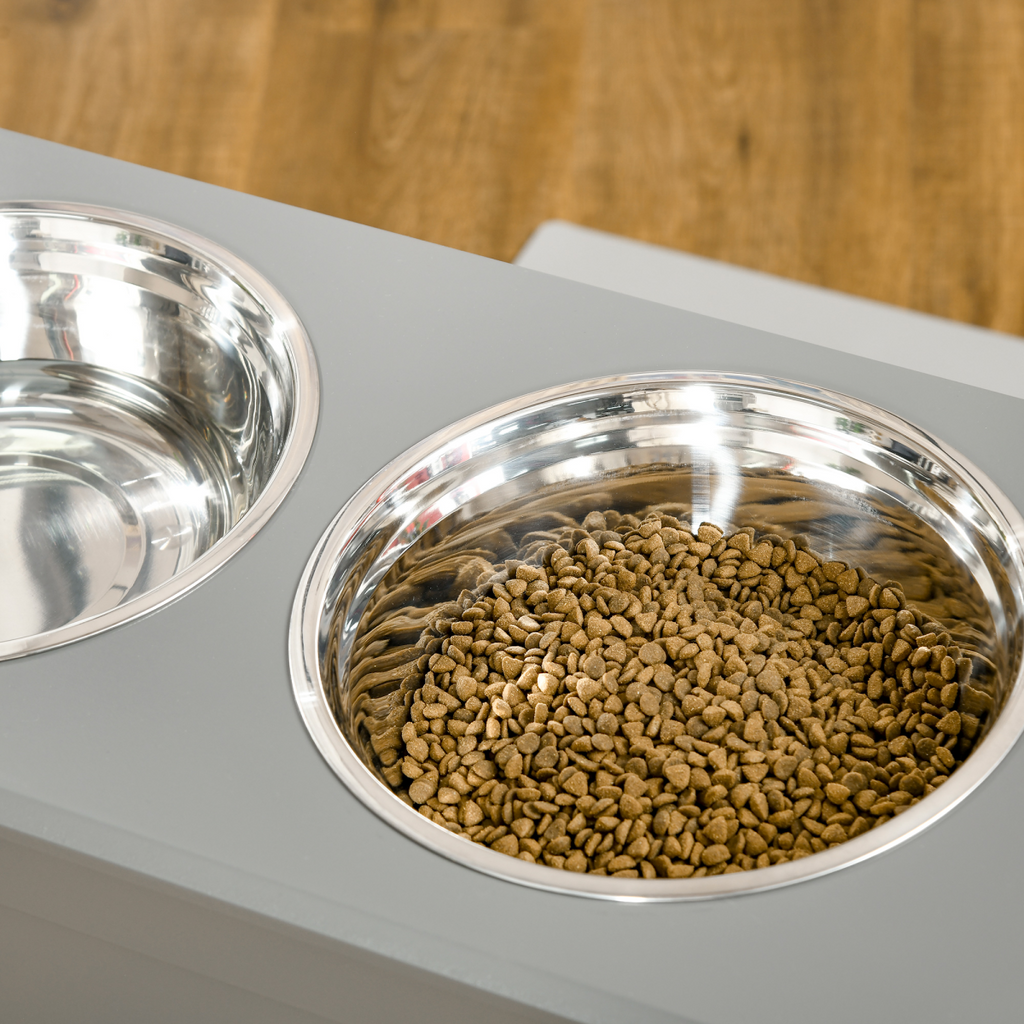 Raised Pet Dog Bowls w/ Storage, Two Bowls, Elevated Base - Grey